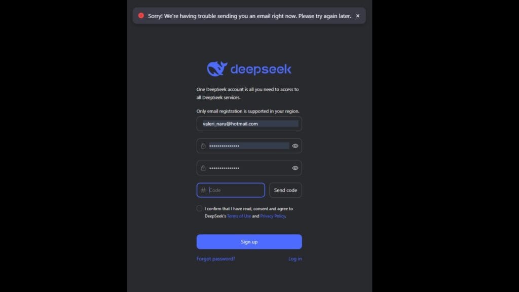 Captura de tela mostrando mensagem de problemas para enviar o c&oacute;digo de verifica&ccedil;&atilde;o no DeepSeek devido &agrave; instabilidades.