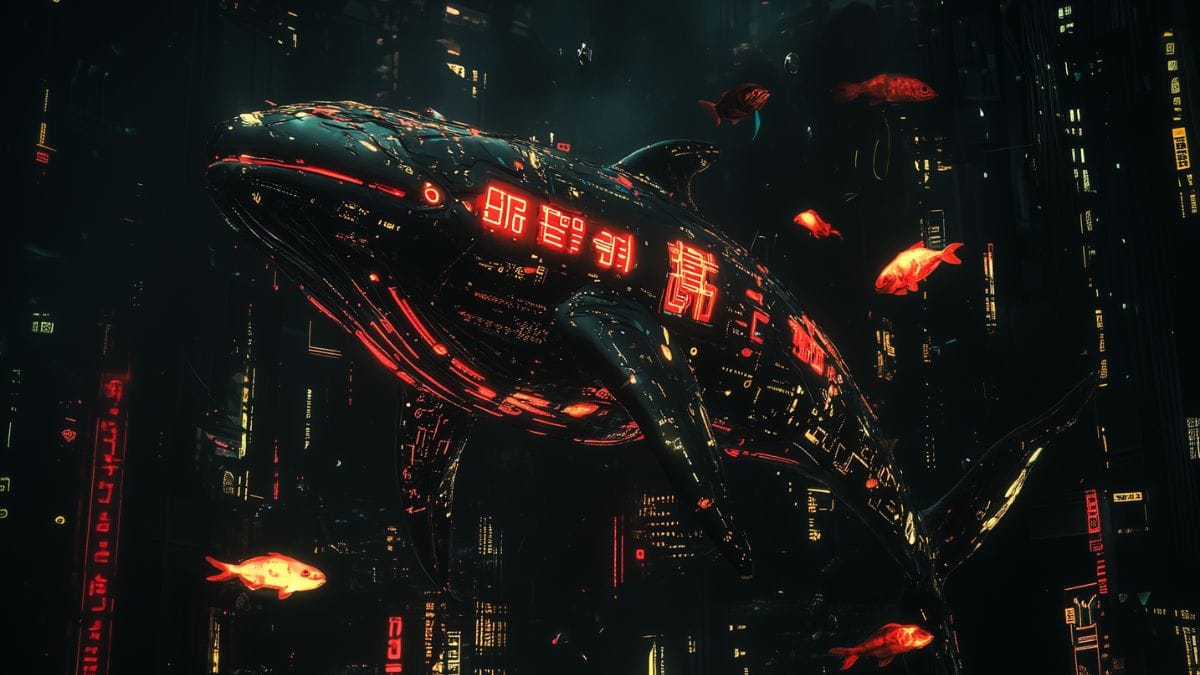 baleia futurista com inscrições chinesas em vermelho